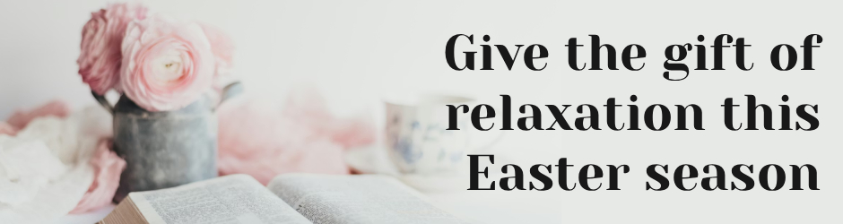 Give the gift of relaxation this Easter season - text on background of pink flowers sitting next to a bible